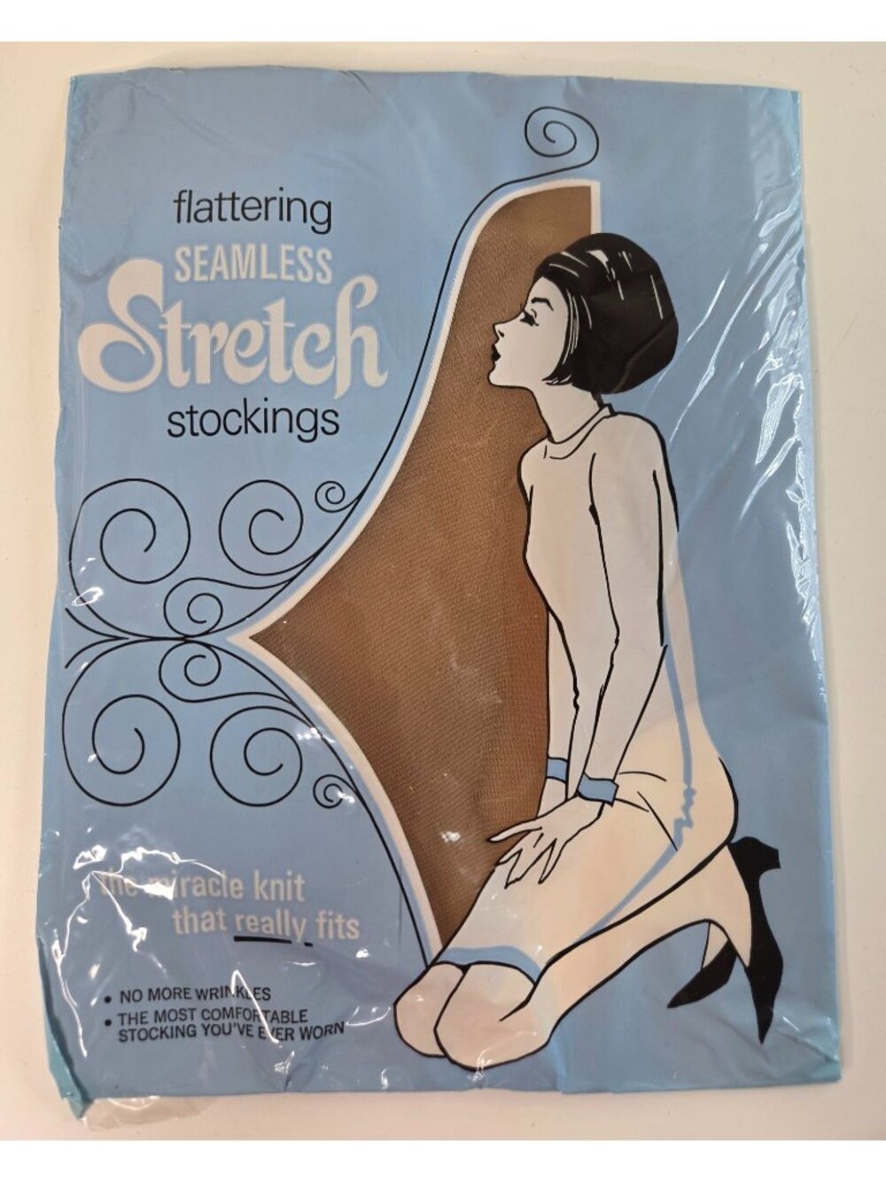 Vtg Seamless Stretch Stockings Stretch Nylon Average Size 9.5-10 Retro Package